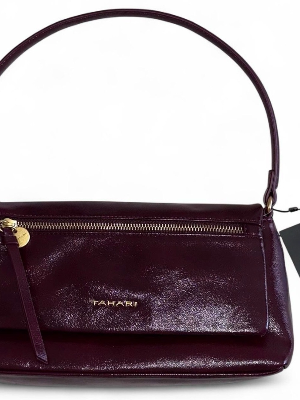 TAHARI Deep Burgundy Patent Shoulder Bag with Gold Hardware